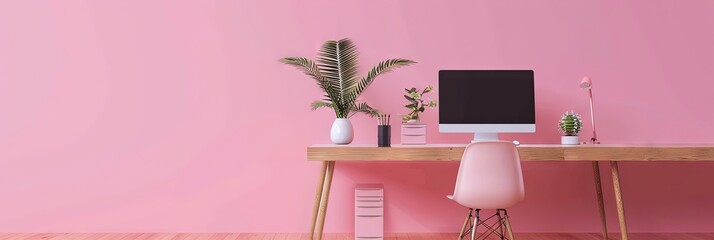 Home office with pink walls - computer monitor on workstation desk