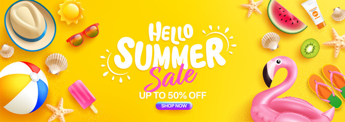 Colorful Summer Sale Banner or Poster template with Hat,Sunglasses, Watermelon, Ice Cream, Beach and Tropical Elements, Vibrant Summer Sale Advertisement.Vector of Bright Summer Sale Banner