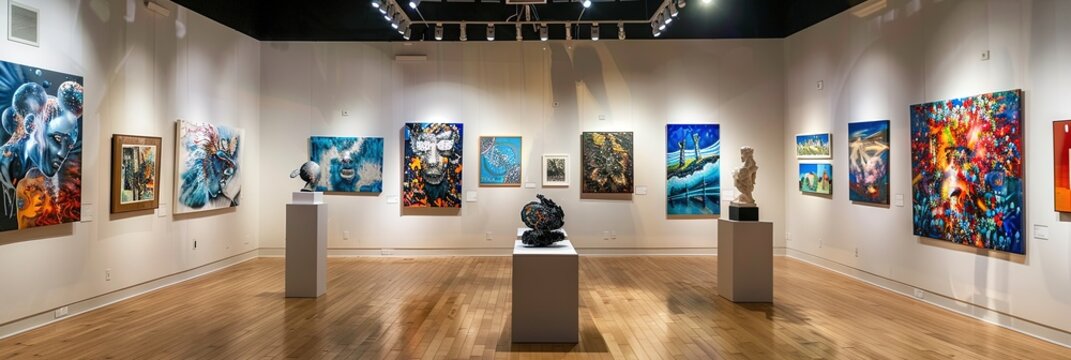 photo of paintings hanging in art gallery, sculptures on display