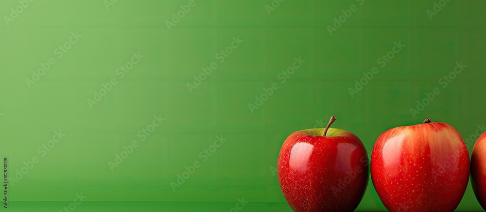 Poster Minimal style concept with red and green apples showcased against a red background providing ample copy space for creative use