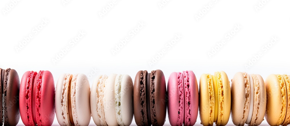 Poster a concept of a french macaroon cake is depicted in a copy space image of macaroons on a white backgr