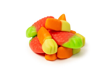 Assorted colorful gummy candies isolated on a white background. Top view. Jelly  sweets.