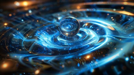 A blue sphere is floating in a wave of water