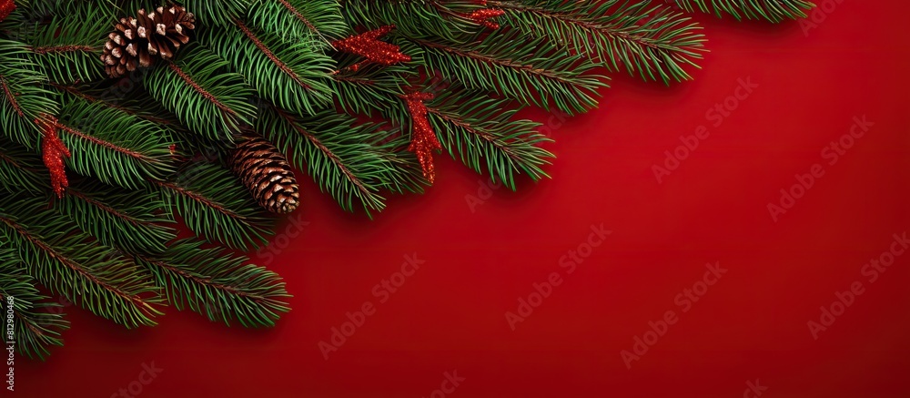 Poster a top down view of fir tree branches on a red background provides a festive setting with ample copy 