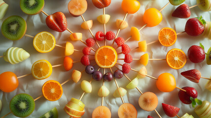 an imaginative composition of fruit skewers arranged in a circular pattern, resembling a planetary ring system, planet rings, hd, creative food presentation with copy space