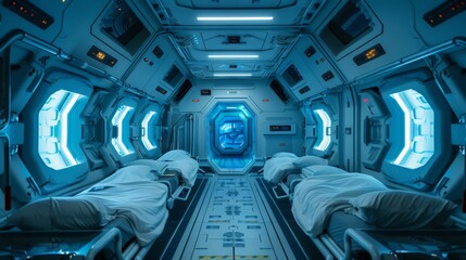 A space station with a blue room with beds and a window