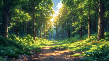 A sunlit clearing in a dense forest, Towering trees with lush green foliage cast dappled shadows on the forest floor