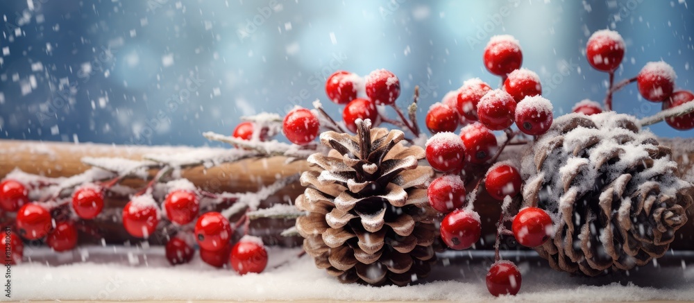 Poster close up copy space image of a snowy christmas fir branch adorned with berries and cones set against