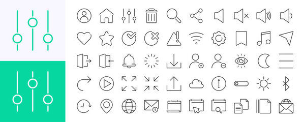User interface, ui, internet, worldwide, www, website, computer 50 line icons set. Network sign, symbol. Isolated on a white background. Pixel perfect. Editable stroke. 64x64.