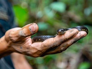 Fototapeta premium A person is holding a snake in their hand