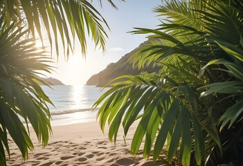 summer season theme with leafs of palm trees covered with shiny sun at beach behind Beach and Sea  season theme