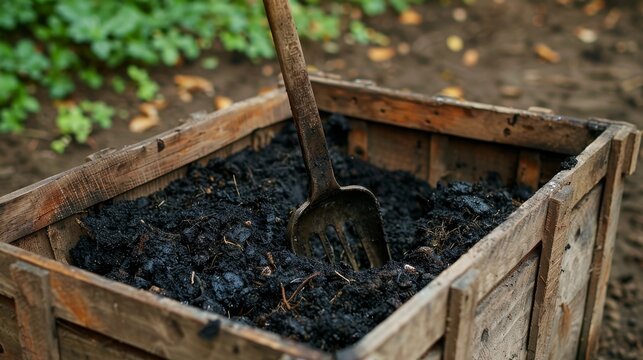 Garden fork turning black composted soil in wooden compost bin