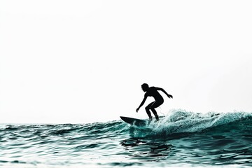 Silhouette of a man surfing in the ocean white background
