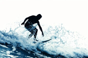 Silhouette of a man surfing in the ocean white background