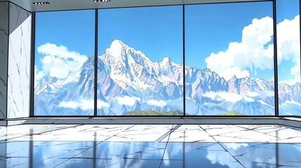 A minimalist room with a single, oversized window showcasing a breathtaking mountain range The Power of Empty Space