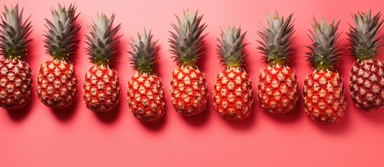 A summer themed copy space image featuring a pattern of ripe whole pineapples shot from above on a pale red background