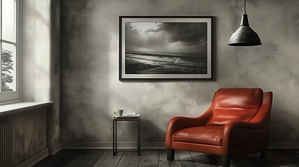 A living room with a cozy, leather armchair, a small side table, and a single piece of abstract art on the wall