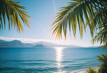 summer season theme with leafs of palm trees covered with shiny sun at beach behind Beach and Sea  season theme