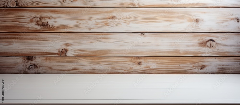 Poster a white wood background frames an empty wooden table providing copy space for displaying text design