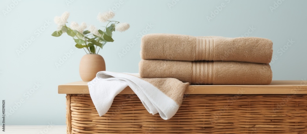 Poster a wicker table in the bathroom showcases neatly rolled bath towels providing a perfect spot for addi