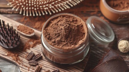 Homemade dry shampoo in a jar made of powder corn starch, baking soda, cacao and essential oil for brunette.  DIY cosmetics. Fast and easy way to keep your hair clean.