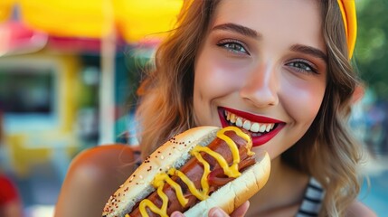 Beautiful young woman having a hotdog. Stock photo --ar 16:9 --style raw Job ID: 63b422b3-49ce-4a68-b307-0a5137627009