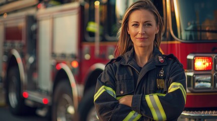 Obraz premium Attractive Female Fire fighter woman posing in front of a fire truck with her arms crossed. 
