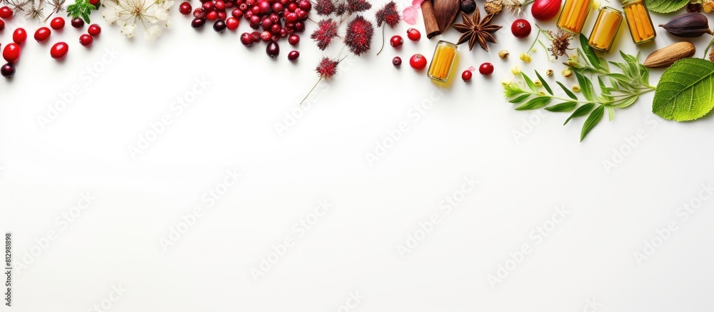 Poster top view of a natural alternative medicine setup with herbal remedies in capsules and a cranberry ov
