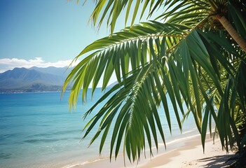 Fototapeta premium summer season theme with leafs of palm trees covered with shiny sun at beach behind Beach and Sea season theme