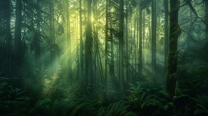 Emerald Dawn: A Misty Morning's Light Revealing a Pristine Forest's Hidden Beauty