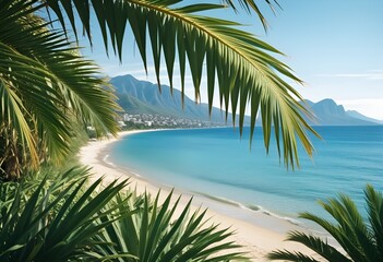 Obraz premium summer season theme with leafs of palm trees covered with shiny sun at beach behind Beach and Sea season theme