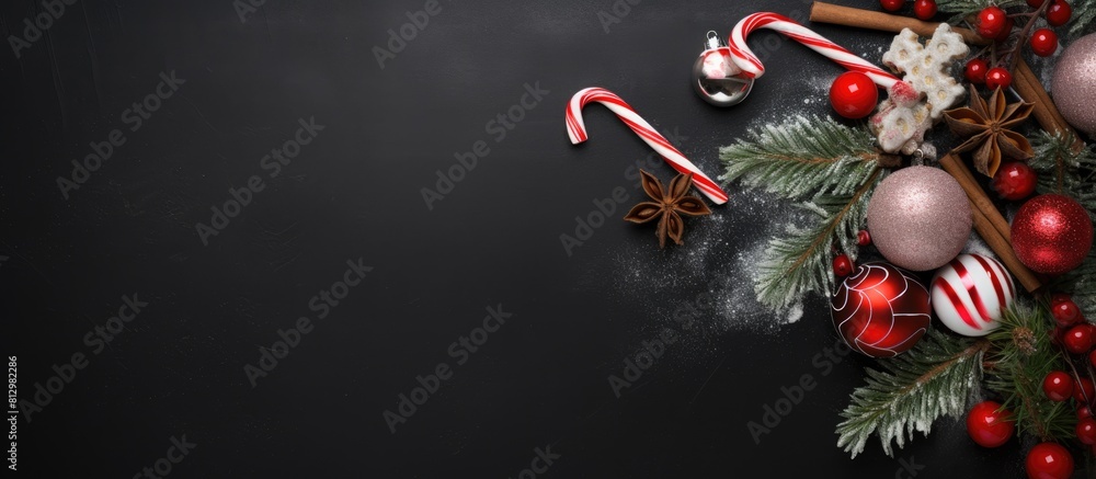 Poster top view of a christmas themed dark background adorned with decorative ornaments candy canes christm