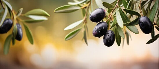 Copy space image of ripe black Spanish olives hanging on a branch of an olive tree with a blurred background - Powered by Adobe