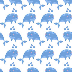 Seamless pattern with big blue whale ornament. Maritime background and cute sea animal. Underwater life. Modern print for design, fabric, banner, embroidery, wallpaper. Vector illustration