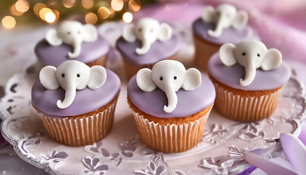 elefanten, cup, cakes, neu, modern, pastell, Lila, violet, hintergrund, karte, s&uuml;ss, elefant, glasur, viele, weiss, muffins, gestalten, kreativ, k&ouml;stlich, kindergeburtstag, gl&uuml;ckwunsch, copy space, 