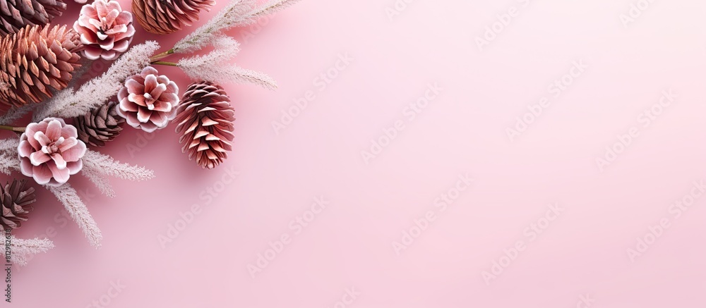 Poster a stylish christmas greeting card mockup with a pine tree and pine cone on a pink background it is a