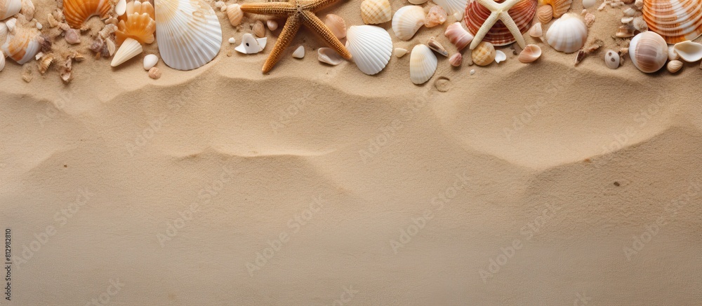 Poster top view of a textured seashore background with seashells starfish and sea pebbles framing a beach s