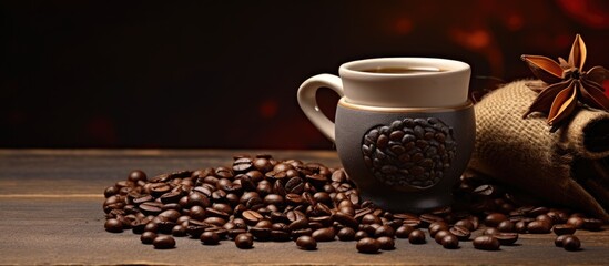 A beautifully crafted ceramic coffee cup accompanied by a kettle and a blend of aromatic coffee beans creating an exquisite copy space image