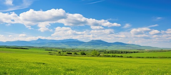 Obraz premium A picturesque countryside scene with mountains a clear blue sky and fluffy white clouds above a verdant farmland field Perfect for a copy space image on a sunny spring day