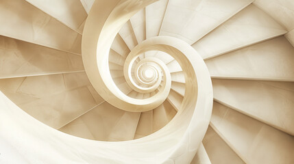 Abstract spiral shape architecture background. Shaped bottom stone staircase spiral design, paler hues. Monochrome cream. Elegant antigue tones. neutral colors. Divine Golden Ratio aesthetic concept -