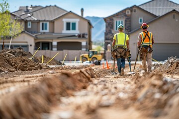 Fototapeta premium Construction Sites, Residential Subdivision Development with Heavy Machinery and Surveyors