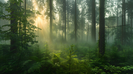 Fototapeta na wymiar Emerald Dawn: A Misty Morning's Light Revealing a Pristine Forest's Hidden Beauty