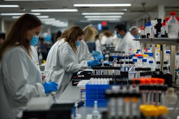 Obraz premium Medical Research Laboratory: An image of a medical research laboratory with scientists conducting experiments and analyzing data
