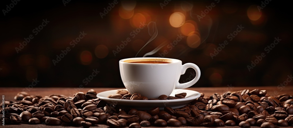 Poster an image showing a cup of espresso coffee with coffee beans surrounding it. copyspace image