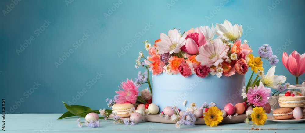 Poster a cake for easter covered in vibrant flowers and surrounded by colorful eggs placed on a blue table 