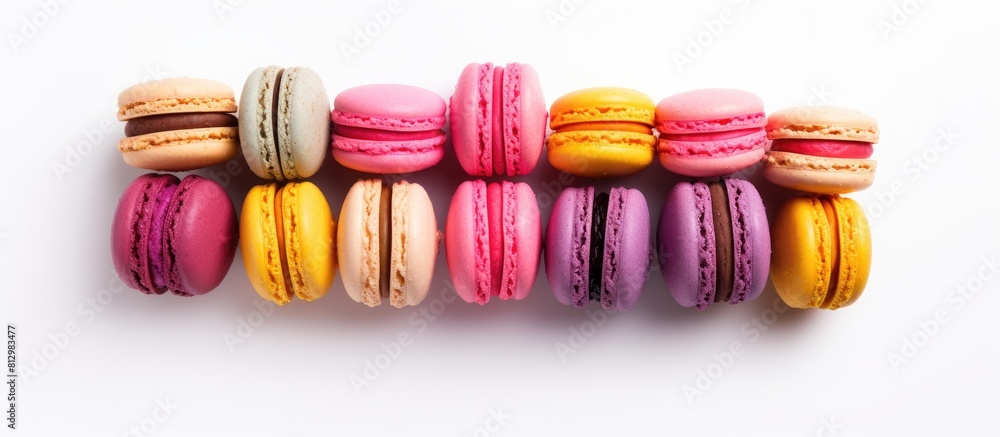 Poster a concept of a french macaroon cake is depicted in a copy space image of macaroons on a white backgr
