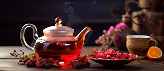 Fototapeta premium A vibrant and nourishing red herbal tea infused with berries and dried fruits A teapot sits on a softly blurred table backdrop offering ample copy space for creative use