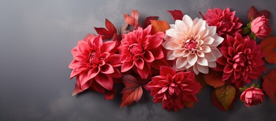 A colorful arrangement of dahlia flowers roses and autumn leaves creates a floral composition The vibrant red and pink bouquet stands out against the grey concrete background making it an artistic co