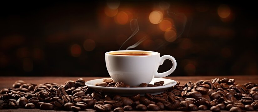 An image showing a cup of espresso coffee with coffee beans surrounding it. Copyspace image - Powered by Adobe