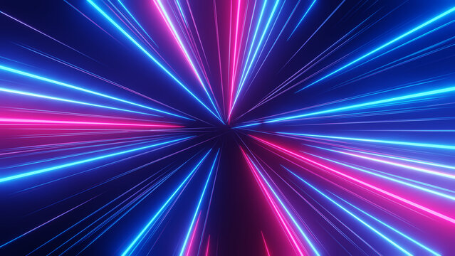 Abstract background with neon blue pink glowing rays lights. Retro 80s VJ 90s 2000s disco music template background. Isolated black footage warp. 